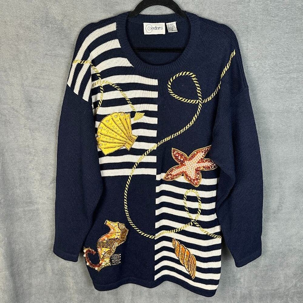 Cedars Sweater Womens Medium Navy Beaded Embroidered Nautical Coastal Preppy